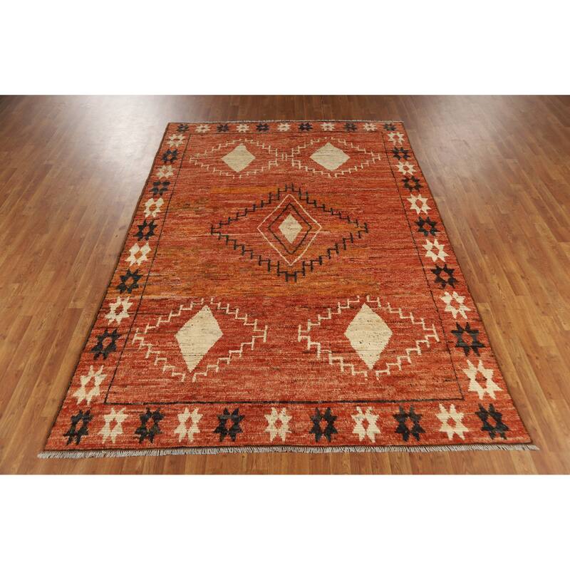 Orange Moroccan Oriental Area Rug Hand-Knotted Wool Carpet - 6'8" x 9'9"
