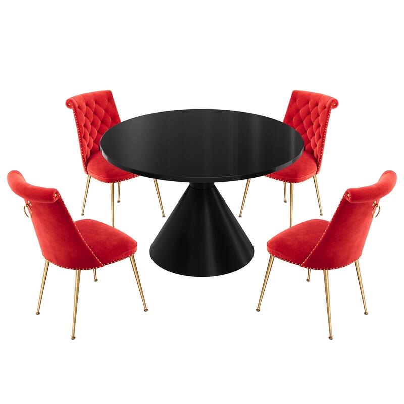 48" Light Luxury Black High Gloss Large Countertop Dining Table with Velvet Dining Chair Set - Red