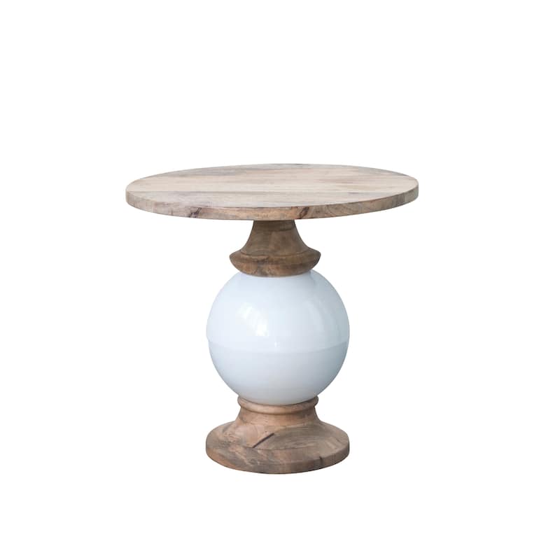 Round Mango Wood and Metal Pedestal Table, - White and Brown