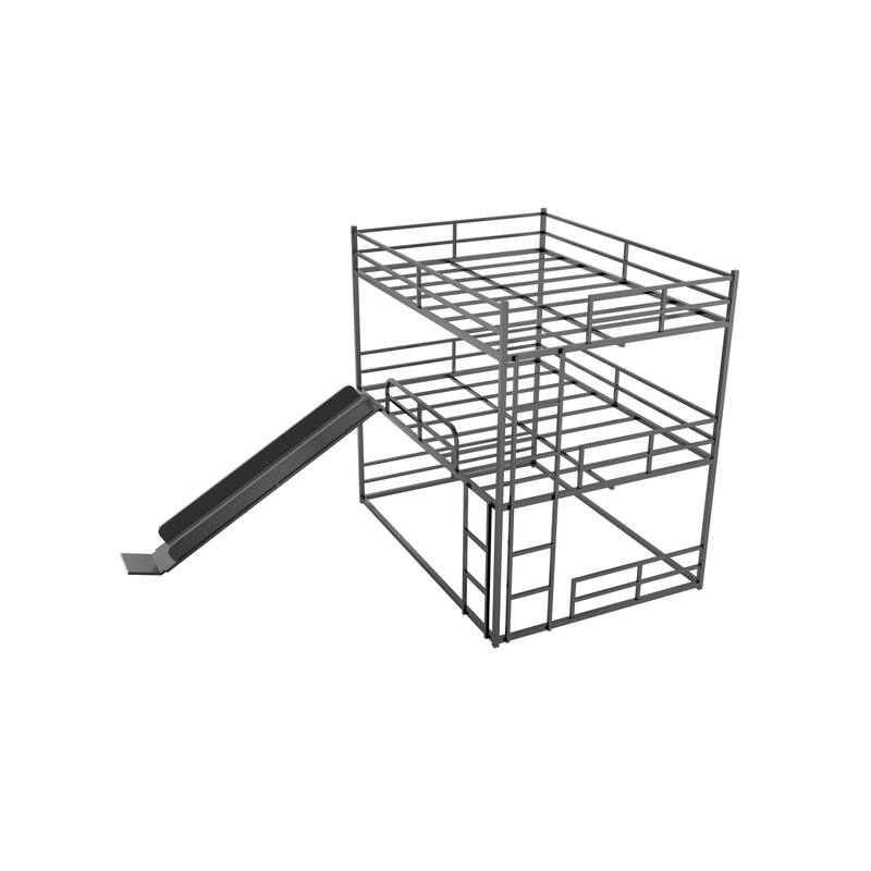 Full Size Metal Loft Bed with Slide, Ladder, and Side Shelf