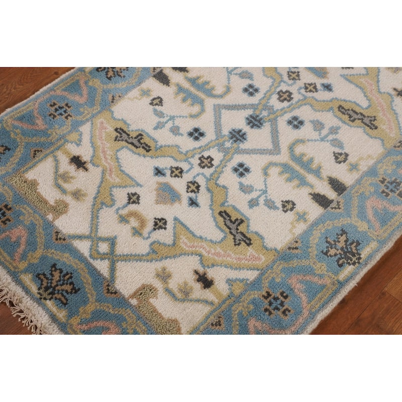 Ivory & Light Blue Oushak Oriental Runner Rug Hand-Knotted Wool Carpet - 2'7"x 7'9"