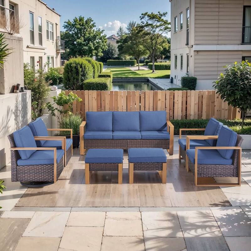 Pocassy Outdoor Sofa, Swivel Chair, Patio Chair Ottoman Set - 7 Pieces Sofa Chairs w/ Ottoman - Brown Wicker Blue Cushion