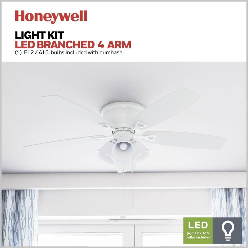 52" Honeywell Glen Alden White LED Indoor Ceiling Fan with Light & Pull Chain