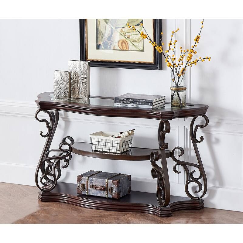Elegant Traditional Sofa Table with Glass Top and Metal Legs, Versatile Entryway or Living Room Accent Table - Brown