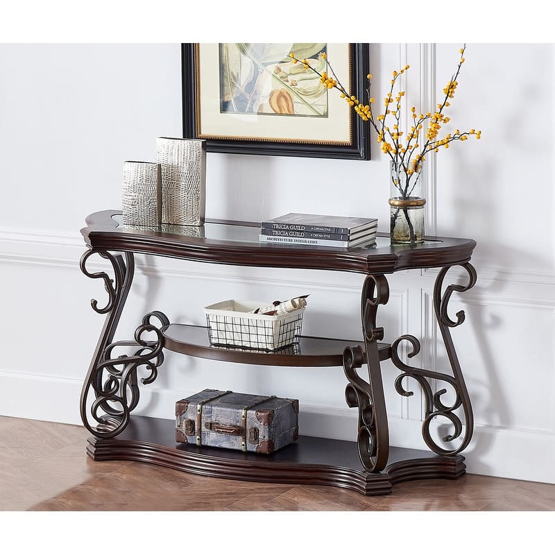 Elegant Traditional Sofa Table with Glass Top and Metal Legs, Versatile Entryway or Living Room Accent Table