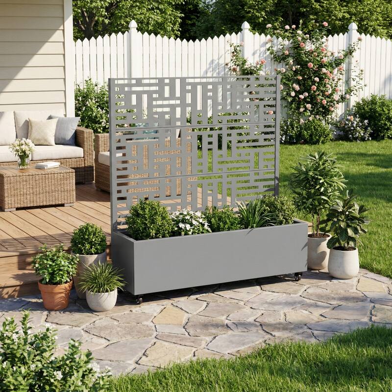 Metal Movable Planter Box with Trellis Privacy Screen Lockable Wheels