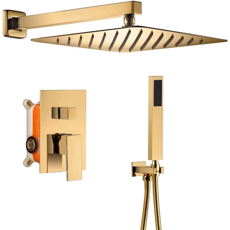 polished gold wall mount 12 inch rain head 2 way shower faucet with handle sprayer - 7'6" x 10'9"