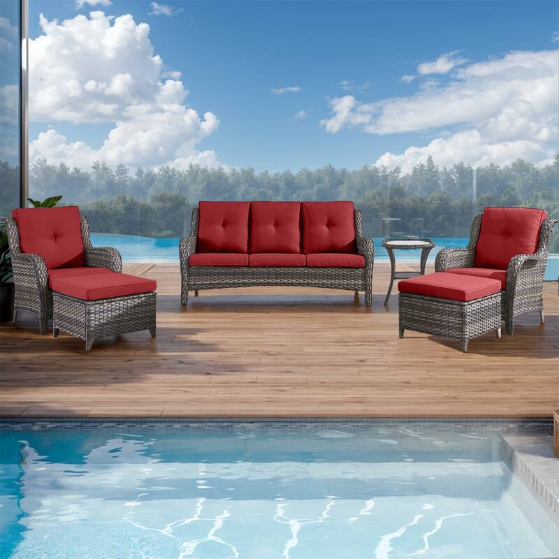 Gymojoy Outdoor Sofa Chair Ottoman Seating with Cushions - Grey - Red