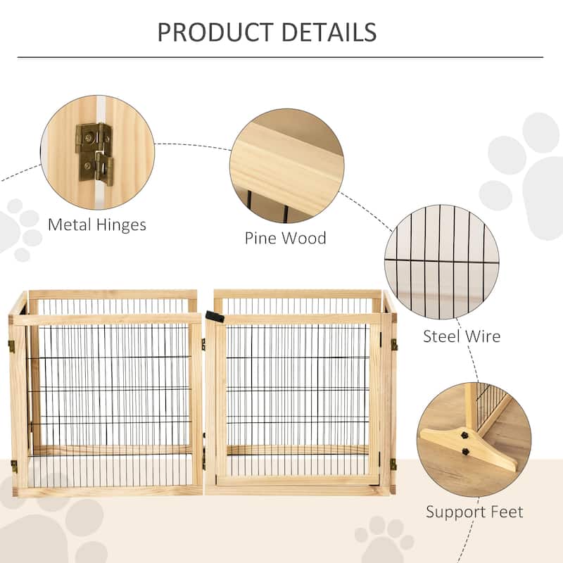 Pine Wood and Steel Foldable Pet Gate with 6 Panels - 170.1" L x 14.2" W x 27.6" H