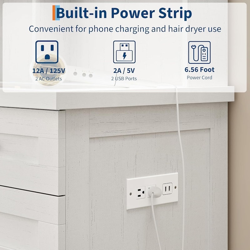 Farmhouse Makeup Vanity Desk with Stool, Mirror and Lights & Power Outlet