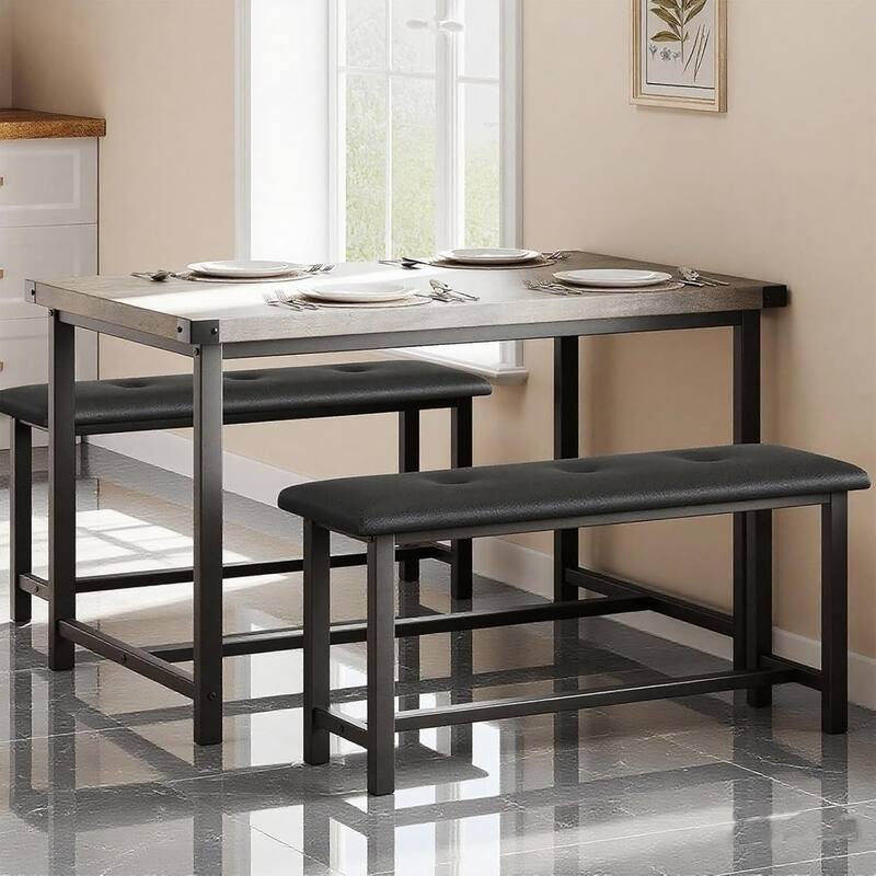 Kitchen Table with Benches, Dining Table Set for 4,Rectangular Dining Table Set for Small Space Apartment Studio - Grey