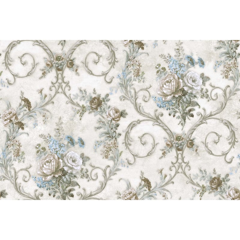 Seabrook Designs Windsor Ogee Floral Unpasted Wallpaper - 27 in. W x 27 ft. L bolt 60.75 sq. ft. - Metallic Linen & Beige