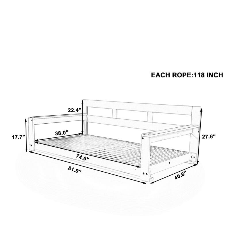 Solid Wood Twin-Size Porch Swing Daybed – 4-Rope Hanging Garden Bench for Backyard & Outdoor Lounging‌