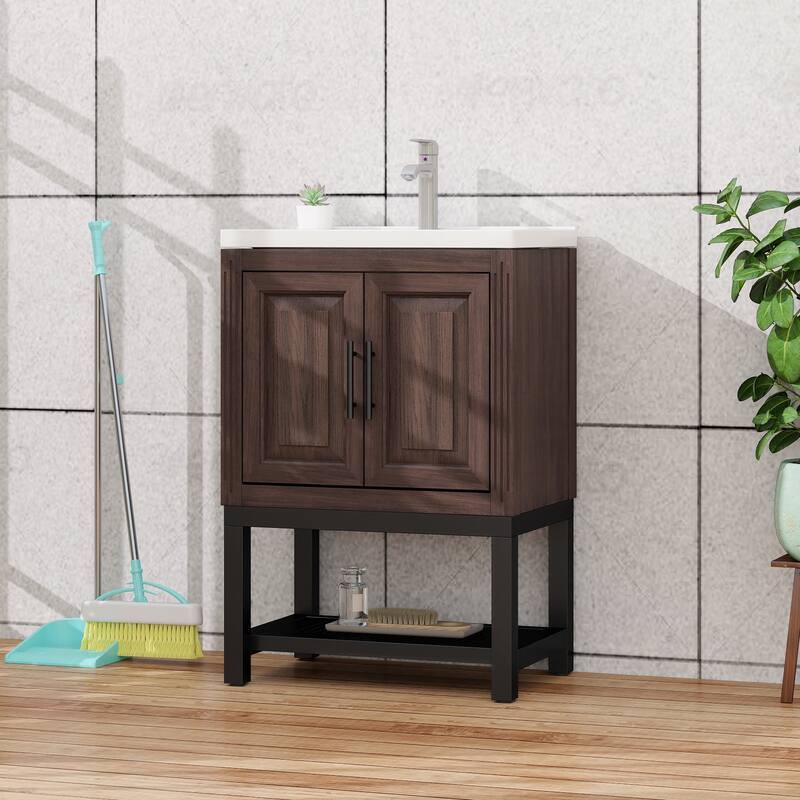 24" Bathroom Vanity with White Ceramic Sink & Hot and Cold Faucet, Freestanding Bathroom Cabinet with 2 Storage Doors