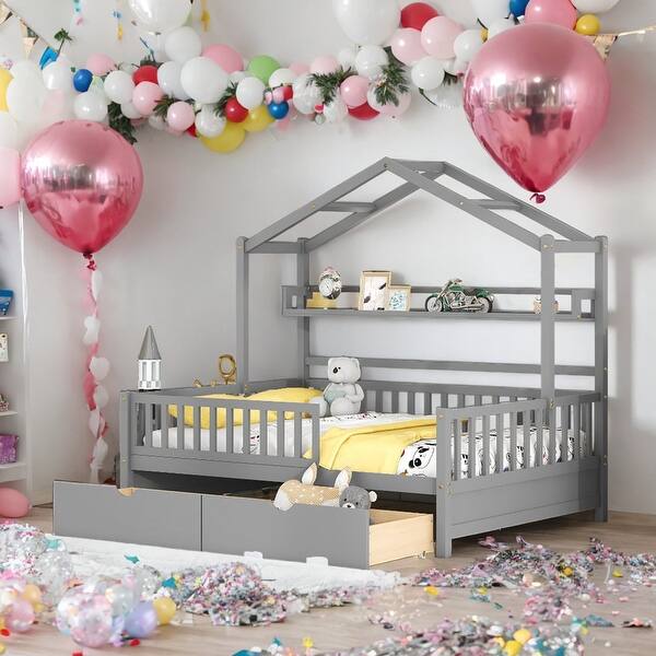 slide 2 of 35, Full Size Wooden House Bed Kids Bed with 2 Drawers and Storage Shelf Grey