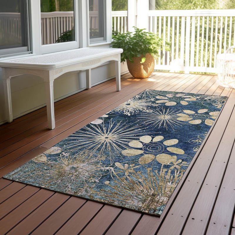 Machine Washable Indoor/ Outdoor Floral Geo Chantille Rug - Navy - 2'3" x 7'6"