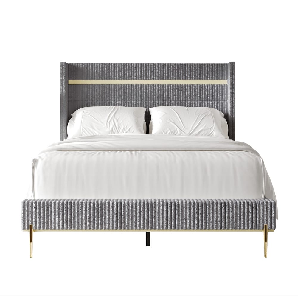 CraftPorch Corduroy 4-pieces Glam Grey Bed with Light Grey Furniture Bedroom Set