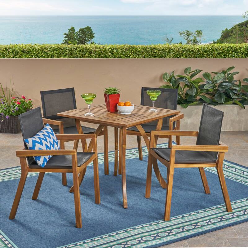 Chaucer Outdoor 4-Seater Square Acacia Wood Mesh Seats Dining Set by Christopher Knight Home - teak + black