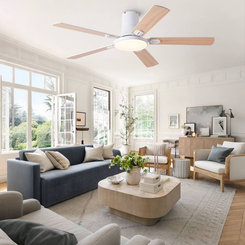 Sofucor 52 Inch Low Profile Flush Mount 5 Blades Ceiling Fan with Dimmable Light and Remote Control - 52 Inches