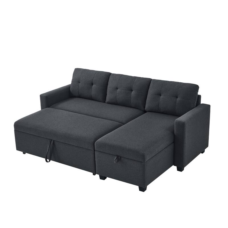 81.5" Linen Upholstered Sectional Sofa with Pull-Out Bed and Storage Chaise, Convertible 3-Seater