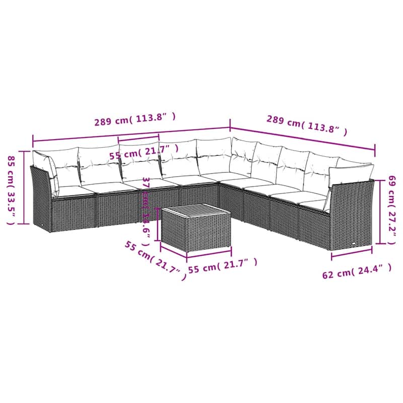 vidaXL Patio Sofa Set with Cushions Outdoor Furniture 10 Piece Poly Rattan - 24.4 x 24.4 x 27.2