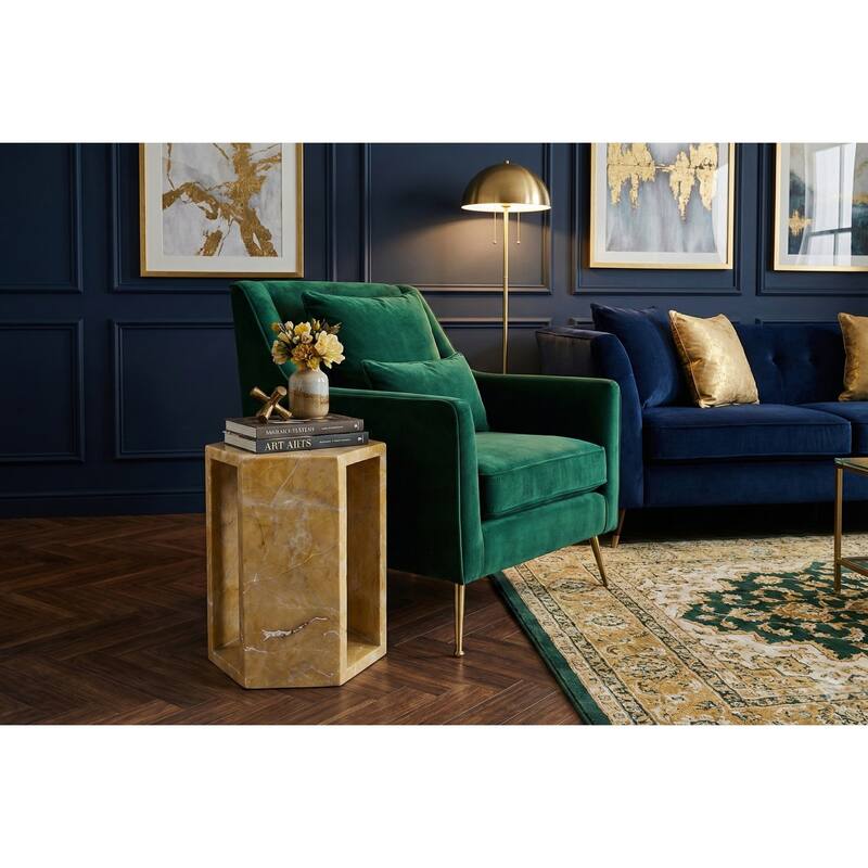 Roomfitters Luxury Natural Marble Hexagon Side Table, Solid Stone Geometric Pedestal End Table, Polished Finish