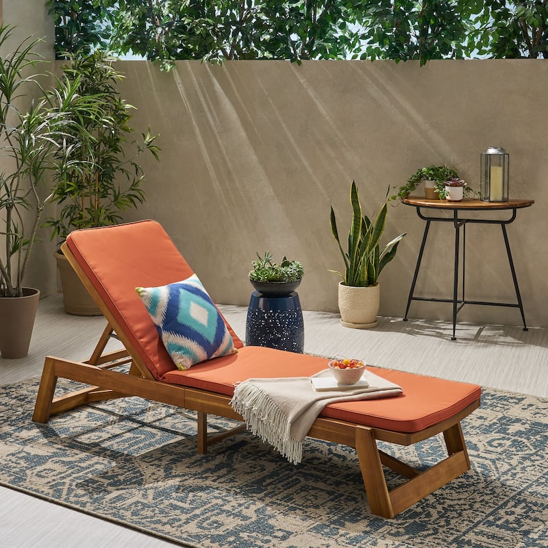 Maki Outdoor Acacia Wood Chaise Lounge and Cushion Set by Christopher Knight Home - Teak Finish+Natural+Rust Orange
