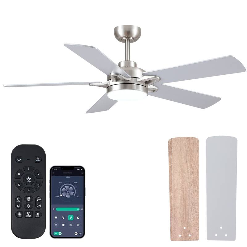 52" Indoor and Outdoor Ceiling Fan with Light Modern Ceiling Fan ,Remote and APP Conrol - 52 Inches - Nickle