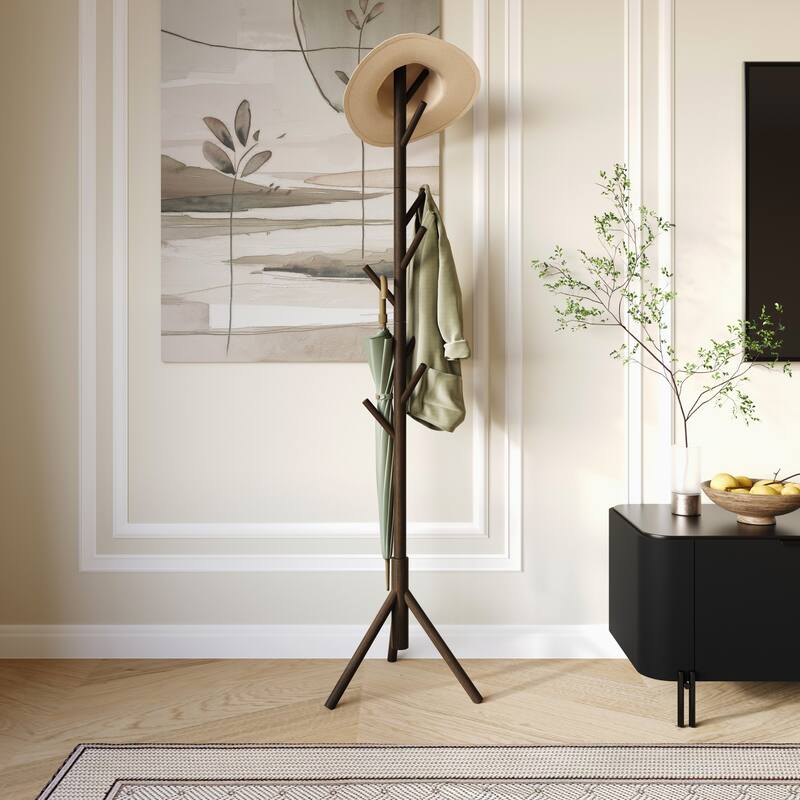 Clayfell Houma Solid Wood Freestanding 8-Hook Coat Rack - Entryway, Hallway, Bedroom Organizer for Jackets & Hats - Cappuccino