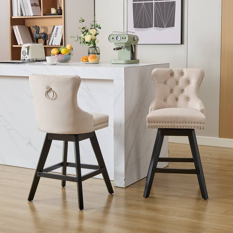 Swivel Bar Stools Set of 2, Velvet Counter Height Barstools with Wooden Legs, Kitchen Island Chairs with Button Backrest