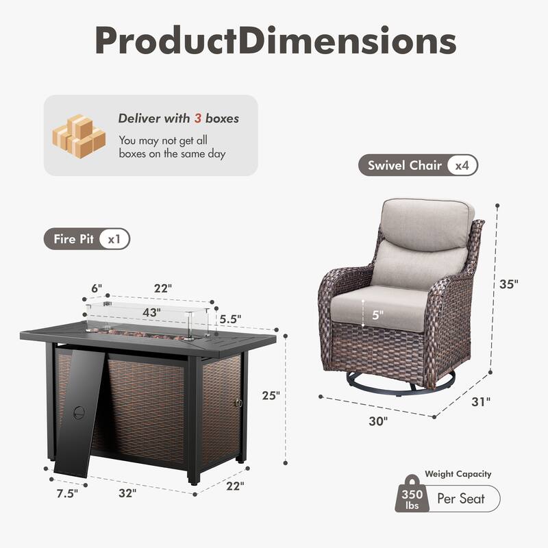 Meyreso 5-Piece Outdoor Patio Wicker Fire Pit 4 person Conversation Set with 5-Inch Thick Cushions