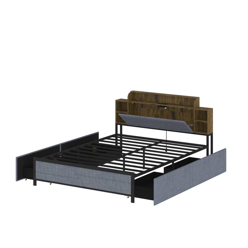 French Queen Size Bed Frame Platform with Brown/Black Storage Headboard & 4 Storage Drawers