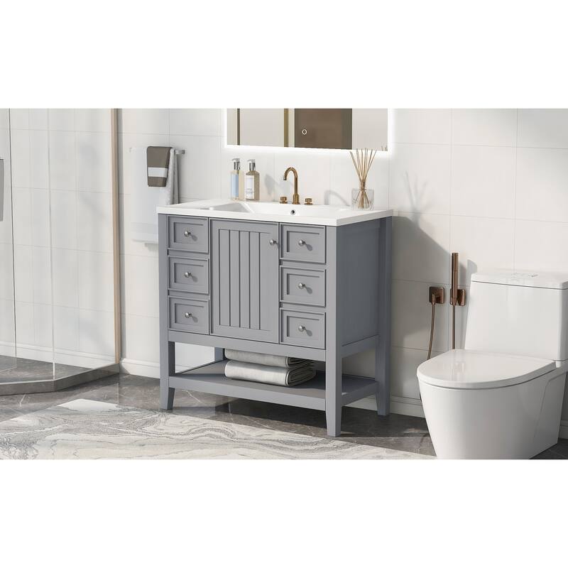 Bathroom Vanity with Sink, Bathroom Vanity with 1 Cabinet and 3 Drawers, Solid Wood Storage Cabinet with Open Shelf