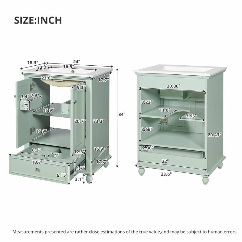 24" Bathroom Vanity with Ceramic Sink, Storage Cabinet with Soft-Close Doors and Drawer with Dividers