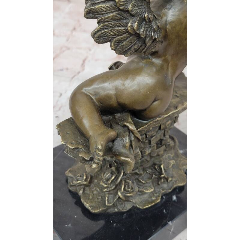 Bronze Cherub Putti Angel Sculpture With Mandolin On Marble Base