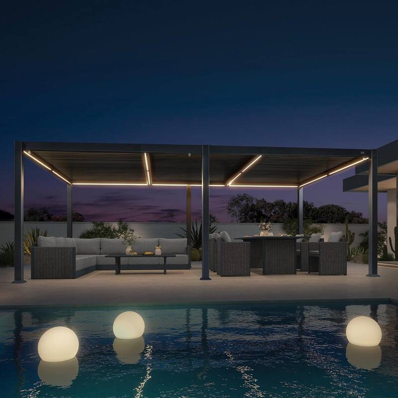 PURPLE LEAF Solar Louvered Pergola with LED String Lights Aluminum Outdoor Pergola with Adjustable Roof for Patio Garden