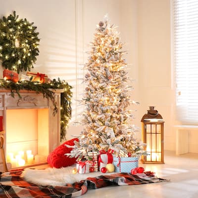 Gymax 6 FT Pre-Lit Artificial Christmas Tree Snow-Flocked Hinged Xmas