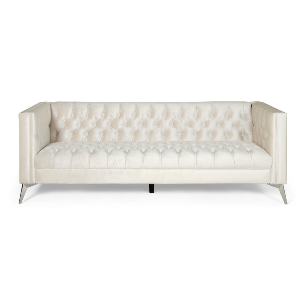 Beige Modern 86.75" Faux Leather Button Tufted 3-seater Sofa with Smooth T-shaped Iron Legs for Living Room
