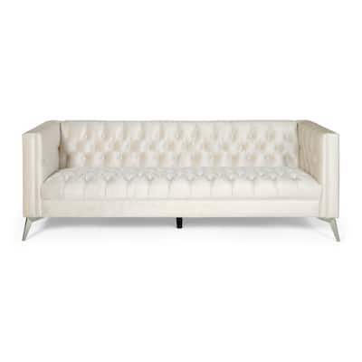 Modern 86.75" Faux Leather Button Tufted 3-seater Sofa with Smooth T-shaped Iron Legs for Living Room