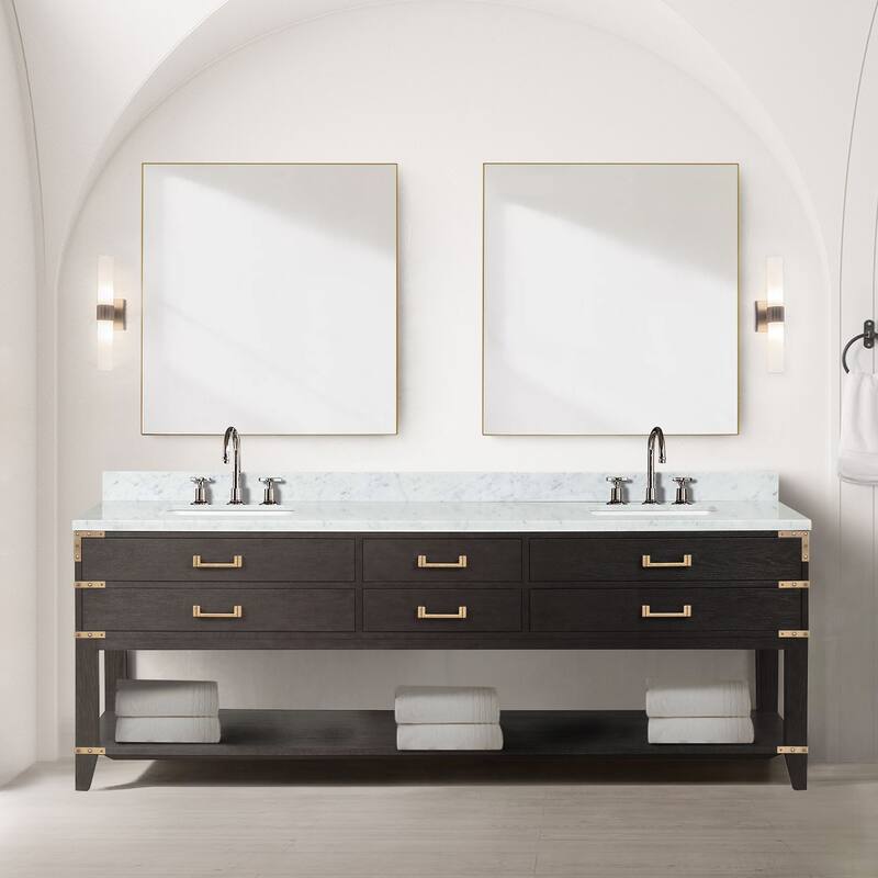 Lexora Norwalk Bath Vanity, Carrara Marble Top, Faucet Set, and Mirror