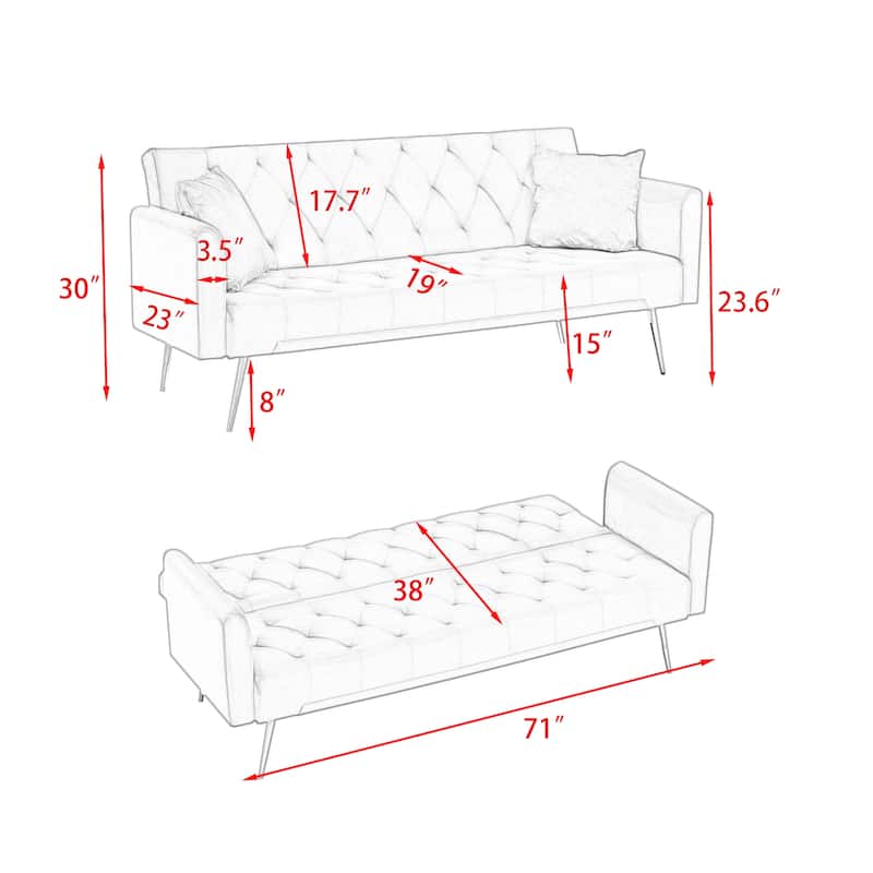 Tufted Grey Upholstered Convertible Double Folding Sofa Bed - 19.00 x 71.00 x 30.00