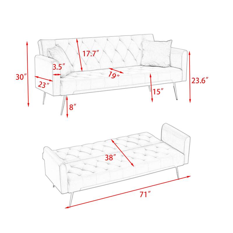 Velvet Loveseat Sofa Adjustable Backrest Sleeper Sofa Bed with 2 Pillow Upholstered Deep Seat Sofa, Tufted Couch
