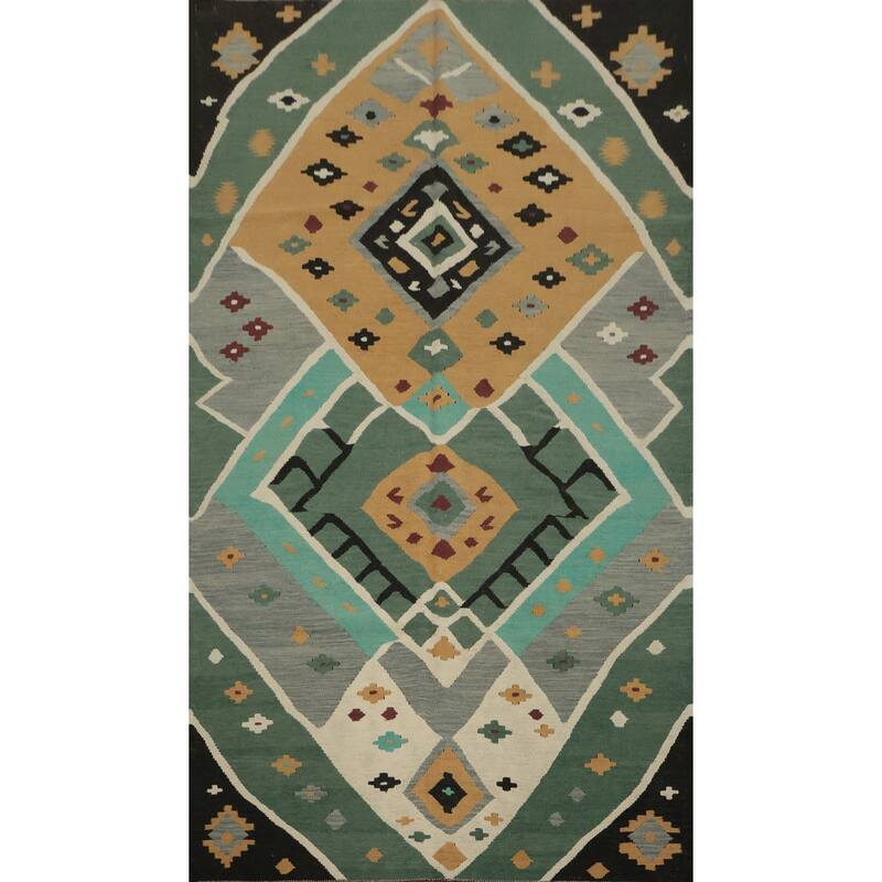 Hand Woven Oriental 100% Wool Carpet Southwestern Tribal Green Kilim Area Rug - 8' 9'' X 4' 11''