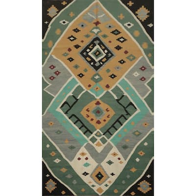 Hand Woven Oriental 100% Wool Carpet Southwestern Tribal Green Kilim Area Rug - 8' 9'' X 4' 11''