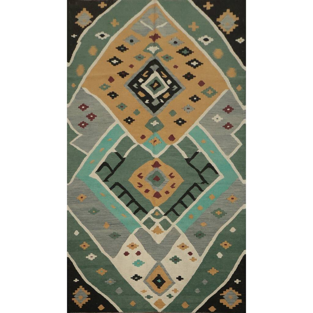 Hand Woven Oriental 100% Wool Carpet Southwestern Tribal Green Kilim Area Rug - 8' 9'' X 4' 11''
