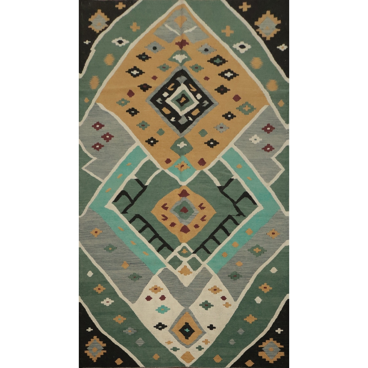Hand Woven Oriental 100% Wool Carpet Southwestern Tribal Green Kilim Area Rug - 8' 9'' X 4' 11''