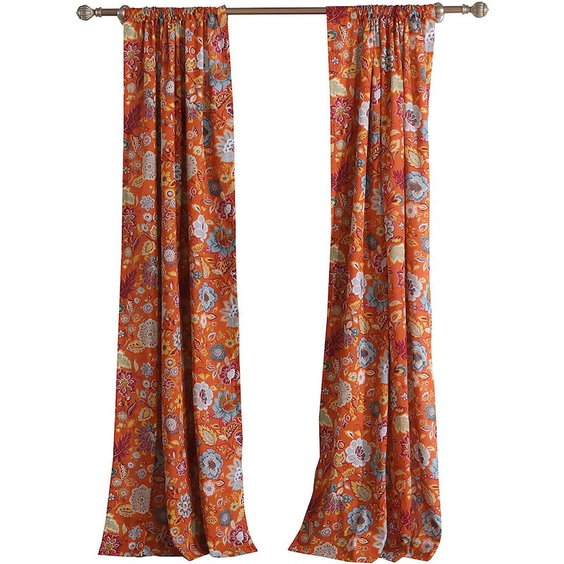 Paris 4 Piece Floral Print Fabric 2 Curtain Panel with Ties, Orange