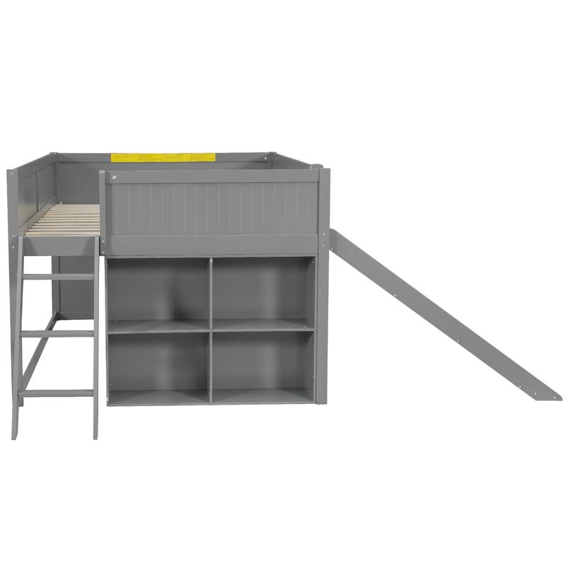Full Size Wooden All-in-One Fairytale Low Loft Bed with Side Storage Shelves and Slide, Door and Window Design