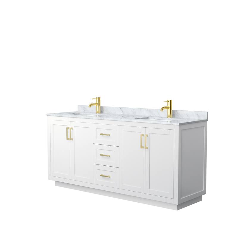 Miranda Double Vanity Set, White Carrara Marble Top, No Mirror - 72-Inch Double - White, Gold Trim, White Carrara Marble Top