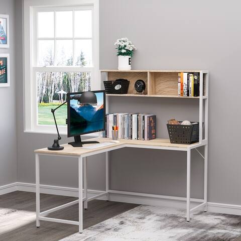 HOMCOM 55 Inch Home Office L-Shaped Computer Desk with Hutch and Storage Shelves, PC Table Study Writing Workstation